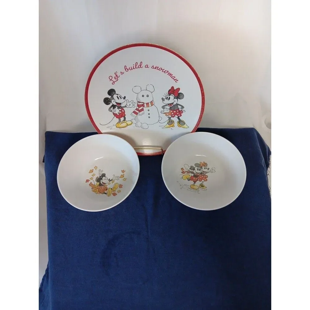 Disney Pottery Barn Plastic Dishes Winter and Fall Mickey Minnie Mouse Flaws